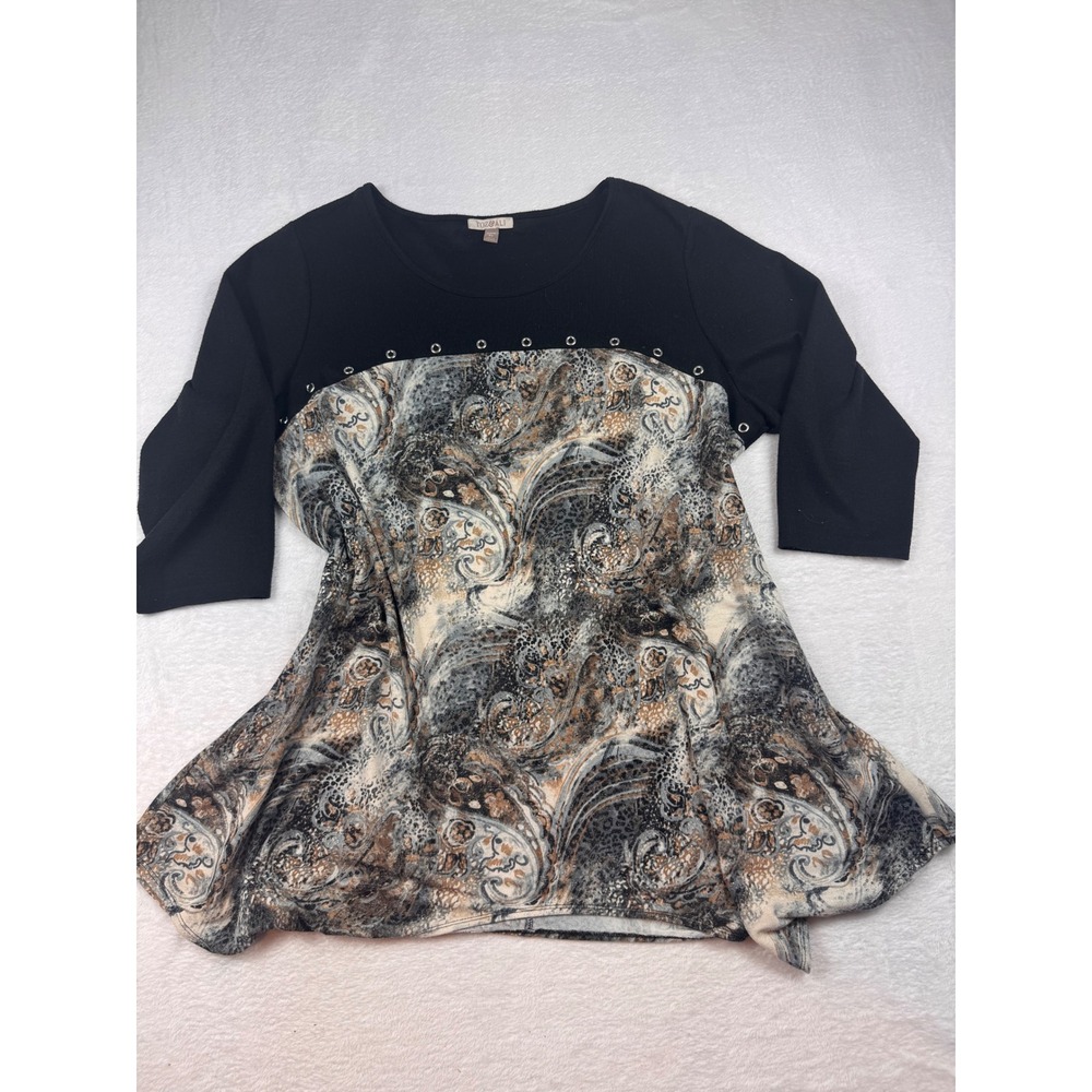 Roz & Ali Womens 3X Tunic Top Paisley Animal Print Grommet 3/4 Sleeve Black Mix